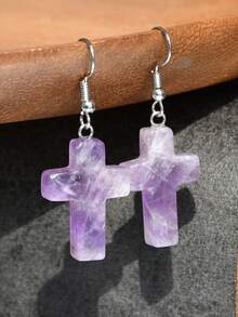 Natural Stone Cross Earrings, Vintage Personalized Design Turquoise & Amethyst & Rhodochrosite Pendant Earrings - Multicolor - View 11