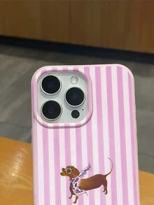 Pink Stripe Dachshund Soft Phone Case - Cute Y2K Aesthetic, Puppy Accessory, Faux Leather Texture, Compatible With IPhone & Galaxy - Pink - View 5
