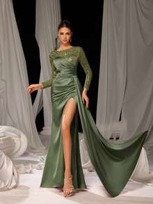 Faeriesty 女士优雅圆领晚礼服，饰有亮片，长袖，高开衩设计，修身剪裁，适合盛大晚宴、婚礼、红毯活动、春季派对等正式场合。 - 橄欖綠 - 查看 4