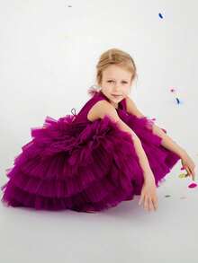 小女孩无袖蝴蝶结薄纱露背派对公主裙，适合小女孩生日派对、舞会、选美比赛、花童、伴娘、婚礼、节日庆典等场合。 - 玫紅色 - 查看 4