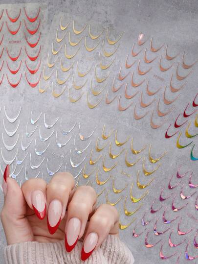 8 Sheets 3D French Tip Nail Art Stickers, 3D Self-Adhesive Gold Sliver Red Laser Stripes French Line Transfer Decals Curved Lines Nail Art Designs Glitter Guides Stripe Manicure Accessories For Women DIY Nail Decor