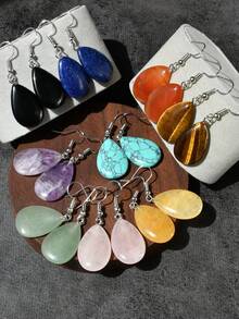 天然石材颜色深浅纹理随机天然石材水滴吊坠耳环色彩缤纷的波西米亚风格度假主题派对用品 - 彩色 - 查看 6