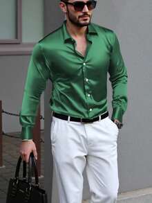 NITAGUT 男士休闲纯色缎面衬衫，春秋装，秋季