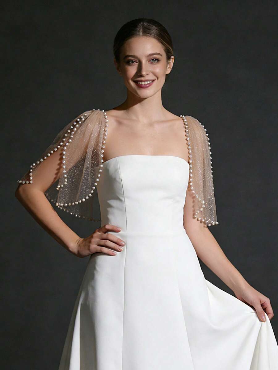 2pcs Sparkling Glitter Shawl, Women's Party Dress Arm Cover, Bridal Wedding Shawl, With Safety Pin & Beaded Short Sleeve