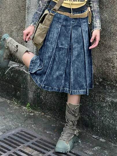 Y2K街头潮流复古水洗牛仔百褶长裙百褶裙摆牛仔裙夏季服装