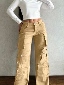 Pantalon cargo élégant et décontracté en kaki avec boutons et fermeture éclair, poches multiples, style Y2K. Convient pour la rue, l'aéroport, la scène, les fêtes, les clubs, les vacances, le bureau, la Fête des enseignants, le Nouvel An, le printemps/l'été/l'automne/l'hiver - Kaki - Voir 3