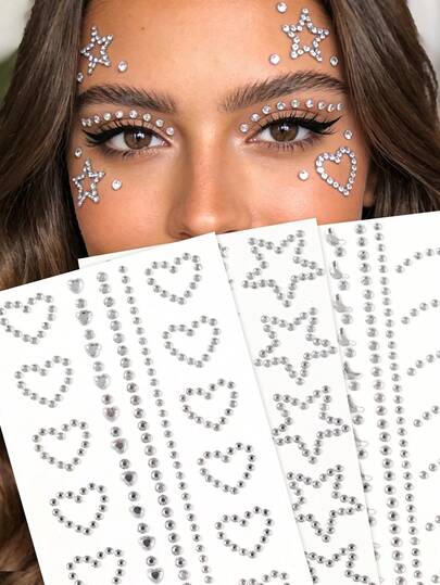 银色闪光多片装面部装饰钻，自粘式五角星/月牙/心形水钻，适用于节日、情人节、Y2K派对、日常装饰、DIY面部装饰、音乐节、化妆派对、舞会等场合，可用于头发、眼睛、面部、身体。