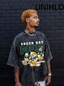 Disney UNIHLO      Printed Summer Heavyweight Retro Washed Street Fashion Casual T-Shirt - màu đen - Xem 1