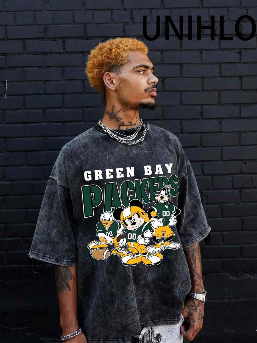 Disney UNIHLO      Printed Summer Heavyweight Retro Washed Street Fashion Casual T-Shirt - màu đen - Xem 1