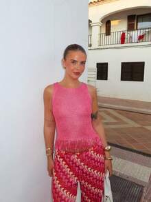 FOR BEAUTY Women's Shiny Knit Camisole Top, Solid Pink Round Neck Sleeveless Tank Top With Fringe Hem, Casual Vacation Style, Suitable For Beach, Travel, Boho, Summer Wear, Party, Sequin Top - Hot Pink - View 9