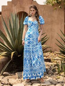 Faeriesty 优雅女士心形领连衣裙：波西米亚风刺绣印花连衣裙，泡泡袖，修身胸衣，层叠荷叶边下摆，腰部饰以精致点缀——完美适用于花园婚礼、波西米亚风新娘写真、私奔之旅、浪漫周年庆典、乡村户外活动等夏季场合。 - 藍色 - 查看 7