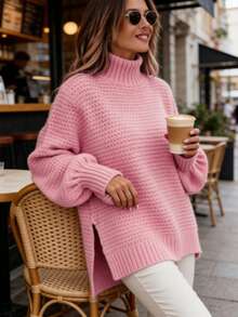 Women's 2026 Early Spring New Arrivals Chunky Rib Knit Oversized Sweater Mock Neck Side Slit Balloon Sleeve Relaxed Fit Athleisure Streetwear Fashion Soft Breathable Cozy Knit Fabric Multi Colors Pink/Beige/Lavender/Black/Coral Comfortable Casual Daily Wear  Popular Women's Pullover Sweaters - Hồng - Xem 2