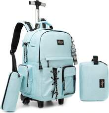 Kids Rolling Backpack With Wheels Unisex Suitcase Carry On Luggage For Elementary Middle High School Students - 天藍色2 - 查看 1