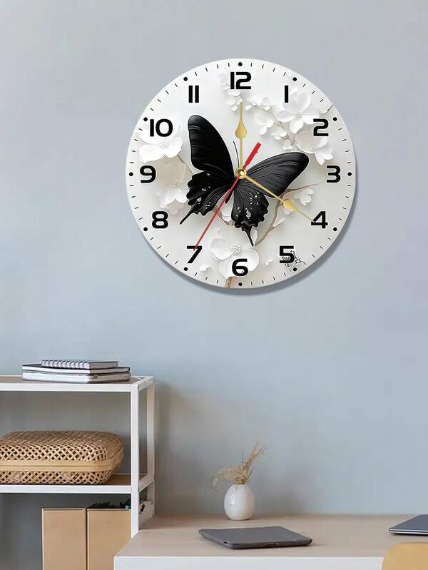 10/12 Inch Silent Black Butterfly Wall Clock - Wooden Framed Round Design With White Flower Decor, Battery Operated (Batteries Not Included) - Suitable For Living Room, Bedroom, Kitchen And Office Decor, Living Room Decor | Elegant Wall Clock | Durable Wooden Wall Clock