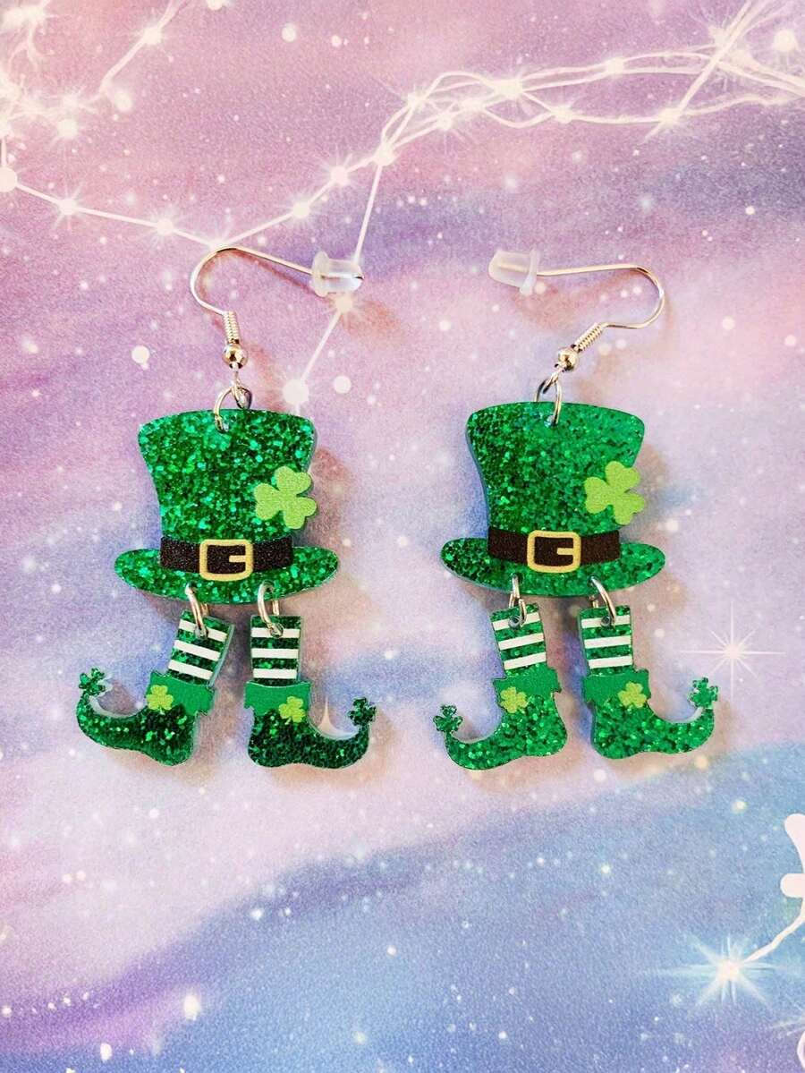 2D 平面女士圣帕特里克节耳环/1对幸运三叶草爱尔兰幸运符，饰有绿色高顶礼帽和四叶草图案，适合派对、婚礼、日常佩戴/优雅礼物，垂坠耳环
