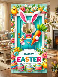 1pc Easter Theme Photography Backdrop - Colorful Rabbit Paper Cutting, Chicks, Easter Eggs, Floral And "Happy Easter" Printed Photography Backdrop, Joyful Cartoon Easter Holiday Style Polyester Photography Backdrop, Rectangular, With Rabbit Paper Cutting Design And Vibrant Pattern Details - Multicolor - View 9