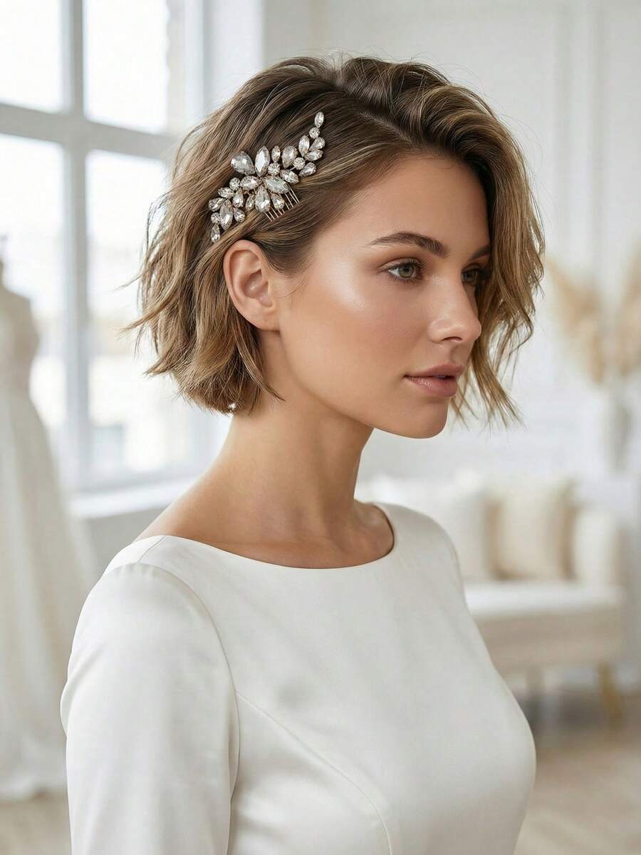 1 chiếc lược cài tóc hình hoa và lá pha lê thanh lịch, phụ kiện cài tóc cô dâu bằng pha lê vàng, thích hợp cho đám cưới, dạ hội và các sự kiện trang trọng.