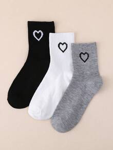 6 Pairs Heart Pattern Socks For Women, College Style Sports Socks, Autumn/Winter Mid-Calf Socks, Black & White - Multicolor - View 3