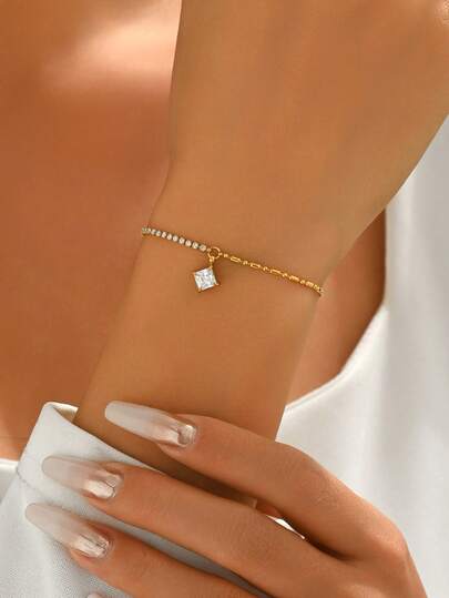 1pc Minimalist Elegant Rhombus Zirconia Chain Bracelet, Luxury Sparkling Crystal Accessory Suitable For Daily Wear And Party