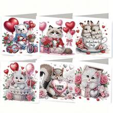 6pcs DIY Diamond Painting Greeting Card Kit, Valentine's Day Theme Animal Rose Cat Heart Design, Diamond Art Mosaic Postcard, Suitable For Thanksgiving, Birthday, Christmas, Halloween, Mother's Day To Express Warm Blessings And Best Wishes, Great For Family, Friends And Lover Holiday Party Invitations, Handmade Craft Gift Set With Envelopes - Multicolor - View 1