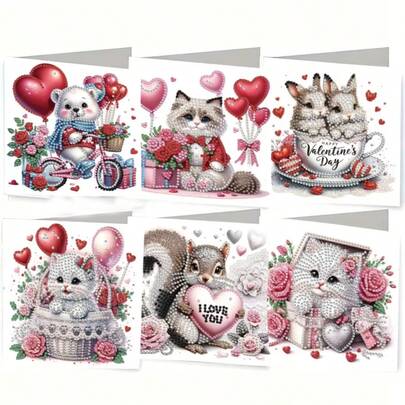 6pcs DIY Diamond Painting Greeting Card Kit, Valentine's Day Theme Animal Rose Cat Heart Design, Diamond Art Mosaic Postcard, Suitable For Thanksgiving, Birthday, Christmas, Halloween, Mother's Day To Express Warm Blessings And Best Wishes, Great For Family, Friends And Lover Holiday Party Invitations, Handmade Craft Gift Set With Envelopes