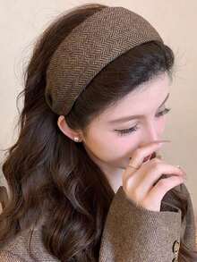 1pc Elegant High-Quality Brown Knitted Striped Wide Headband, Autumn/Winter - Nâu 2 - Xem 4