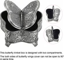 Butterfly Design Metal Jewelry Box, Vintage Trinket Storage Chest, Ring Earrings Necklace Organizer, Large Decorative Box - Bạc - Xem 3