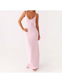 Women's Twisted Straps Bodycon Long Maxi Dress Summer Sleeveless Spaghetti Straps Slim Fit Deep V-Neck Backless Cami Dress Party Clubwear Holiday Beachwear Solid Color Tank Dress Sundress - 淺粉色 - 查看 8