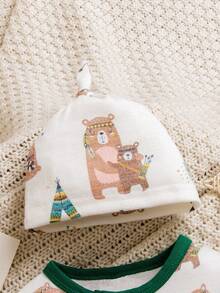 秋冬季男婴可爱卡通印花长袖连体衣，配同款帽子 - 白色 - 查看 3