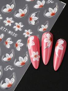 2pcs White Camellia Flowers Nail Art Stickers Elegant Orchid Silver Trim Petal Design Lily Floral IN Spring Summer Japanese Style Wedding Nail For Women And Girls To DIY Nail Supplies - Multicolor - View 4