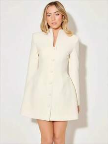 2026 Autumn Clean Fit, Waist Suit Dress, French Minimalist Commuter Party High-End Skirt A-Shaped Skirt Elegant Short Skirt Solid Color Single-Breasted Dress - 白色 - 查看 2