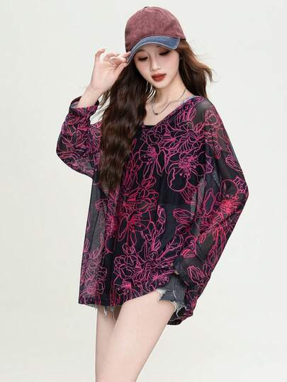 Cubre-todo negro con capucha, estampado y de malla transparente de JUTU para primavera/verano, 2026 Parte superior ligera y semitransparente versátil