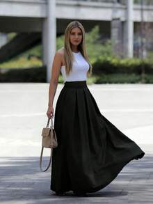 Falda de corte A de unicolor de cintura alta para looks de mujer - Negro - Ver 3