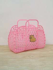 可爱水豚印花塑料浴缸收纳篮（粉色和白色可选），便携式淋浴袋，储物篮沙滩包，镂空设计收纳篮 - 双提手编织风格浴室收纳篮，可收纳洗漱用品、化妆品、沐浴用品、零食、玩具，用途广泛，可用作沙滩包、梳妆台收纳篮或家居杂物收纳袋，化妆间装饰 - 彩色 - 查看 14