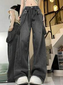 可拆卸吊带高腰宽松喇叭牛仔裤，复古独特 - 淺灰色 - 查看 3