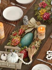 1pc Easter Table Runner With Floral Wreath And Rabbit Patterns | Elegant Polyester Printed Tablecloth For Spring/Summer, Ideal For Family Gatherings, Festive Decorations, And Hotel Displays - Camel - View 7