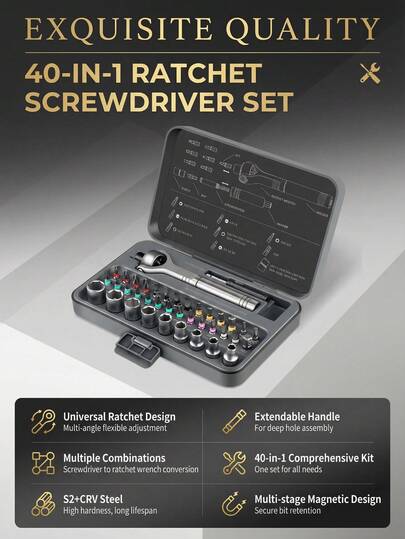 40合1棘轮螺丝刀套装，带通用套筒，多角度可调，S2和铬钒钢材质，磁性批头，加长手柄，适用于家庭维修