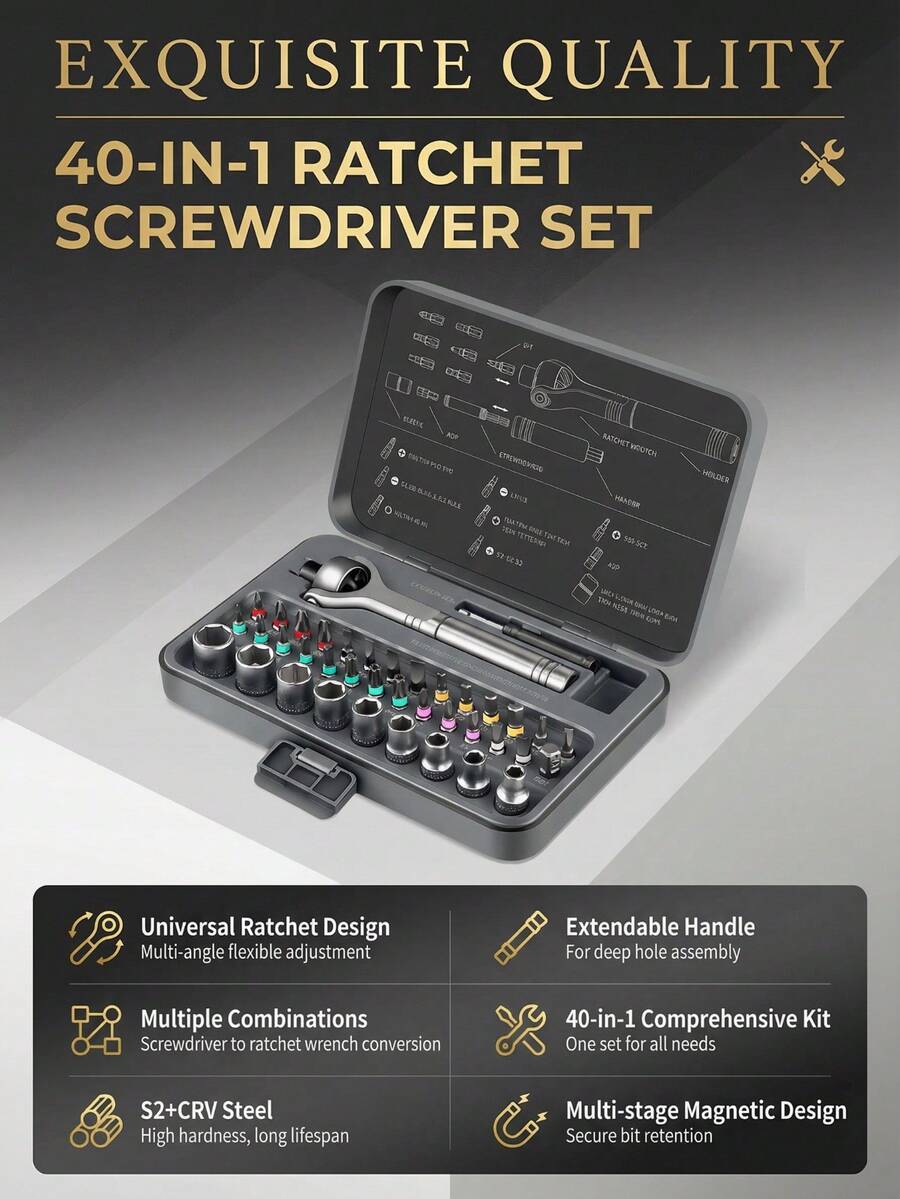 40合1棘轮螺丝刀套装，带通用套筒，多角度可调，S2和铬钒钢材质，磁性批头，加长手柄，适用于家庭维修 - 40合1套裝 - 查看 1