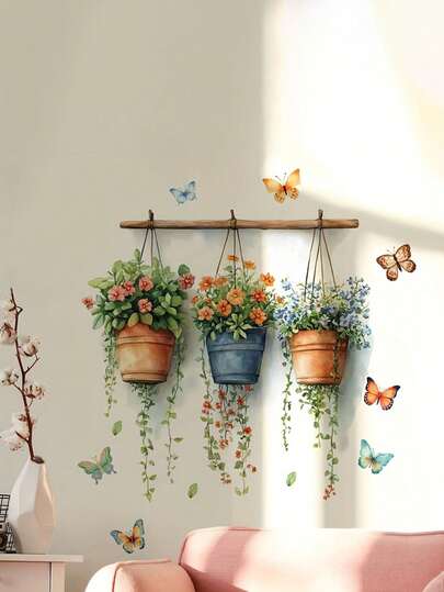 1 件盆栽花卉贴纸 - 春季，3 桶花卉装饰画，PVC 材质，自粘式，无需胶水，适用于玻璃表面、客厅、卧室、浴室装饰、家居装饰