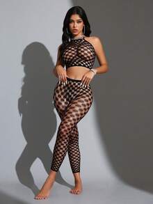 一套女士性感黑色露背上衣和渔网紧身裤内衣套装 - 黑色 - 查看 4