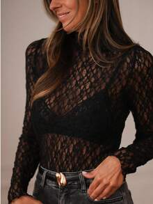 Women's Sheer Lace Long Sleeve Blouse, Elegant Casual Suitable For Daily, Date, Office Wear, Women's Lace Blouse, Women's Elegant Top, Women's Summer & Spring Top Black - Black - View 6