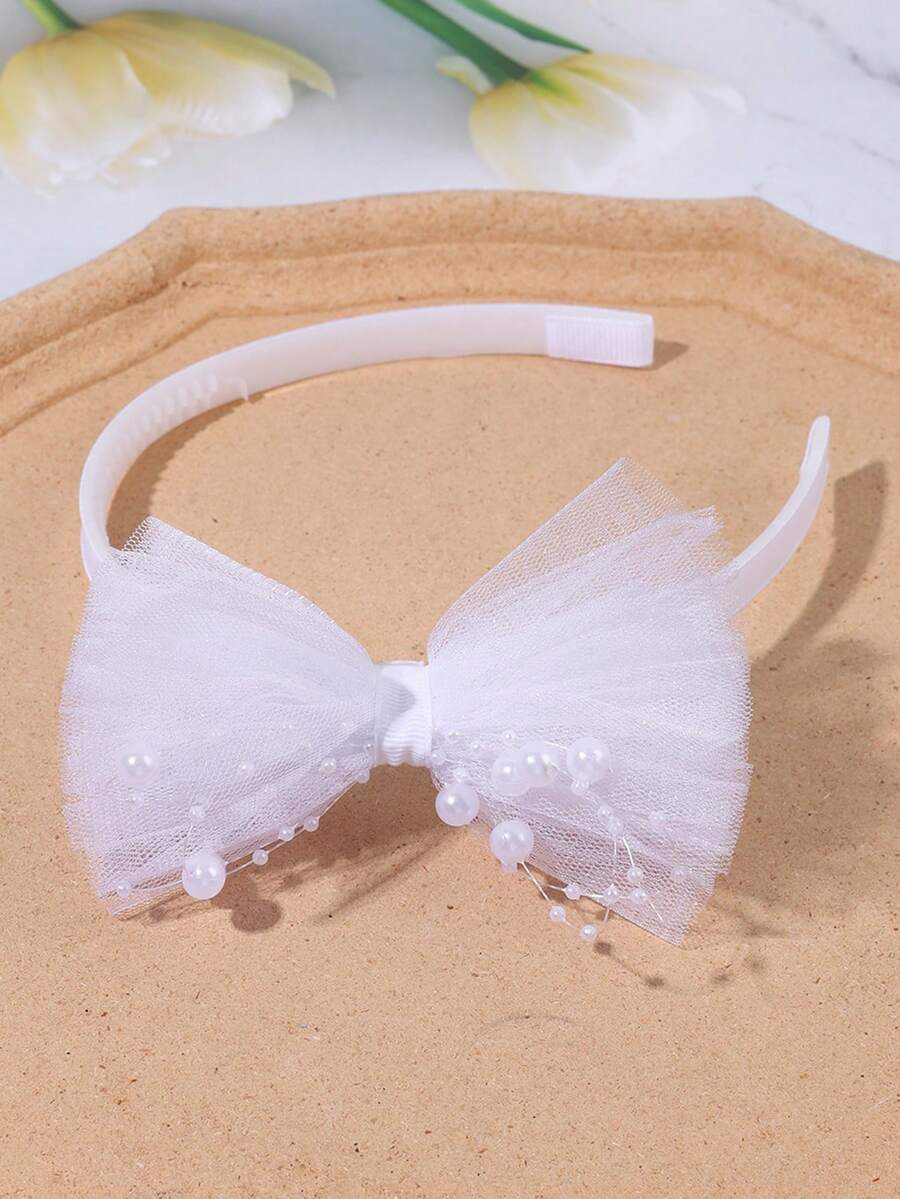 1pc White Mesh Bow Headband Pearl And Bead String Bow Hair Hoop Fairy Style Bow Hair Band For Daily& Party Teens Hair Accessories - White - View 1