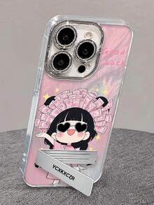 1pc Electroplated Glitter Full Coverage Cartoon Wealthy Girl Phone Case With 3D Metal Stand, Suitable For IPhone11/12/13/14/15/16/17/PROMAX