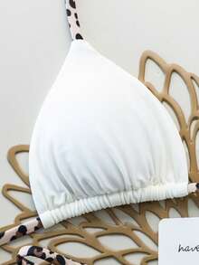 两件套豹纹和纯色性感露背系带女式泳衣比基尼套装，适合海滩度假、舞台和音乐会表演，夏季假期白色 - 白色 - 查看 3