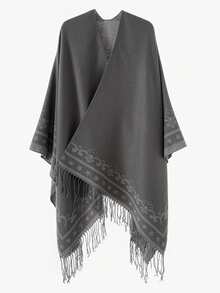 2025 Nuevo Chal de Otoño e Invierno Bufanda Estrella Jacquard Flecos Chaleca de Punto de Alta Calidad Estilo Retro - Gris - Ver 5