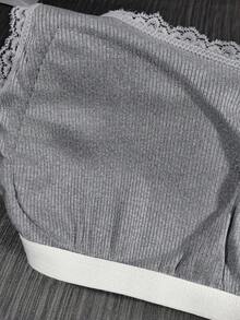 女士休闲灰色无袖背心，针织吊带衫，带胸垫，荷叶边下摆性感短款背心，简约运动健身服 - 灰色 - 查看 11