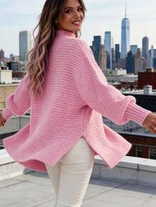 Women's 2026 Early Spring New Arrivals Chunky Rib Knit Oversized Sweater Mock Neck Side Slit Balloon Sleeve Relaxed Fit Athleisure Streetwear Fashion Soft Breathable Cozy Knit Fabric Multi Colors Pink/Beige/Lavender/Black/Coral Comfortable Casual Daily Wear  Popular Women's Pullover Sweaters - Hồng - Xem 4