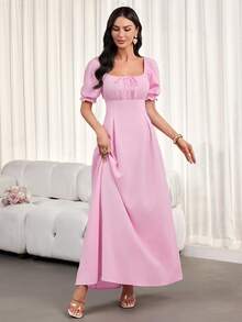 Elegant Long Dress For Women, Square Neckline, Lantern Short Sleeves, Pleats, Back Tie, Solid Color, Suitable For Autumn Wear.Summer Dress Elegant Dresses For Party - Pink - View 3