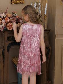 Tween Girl Sleeveless Flowing Sequin Fringe Party Dress, Flower Girl Dress, Princess Gown For Girls, Suitable For Birthday Party, Wedding, Prom, Holiday Celebration - Pink - View 5