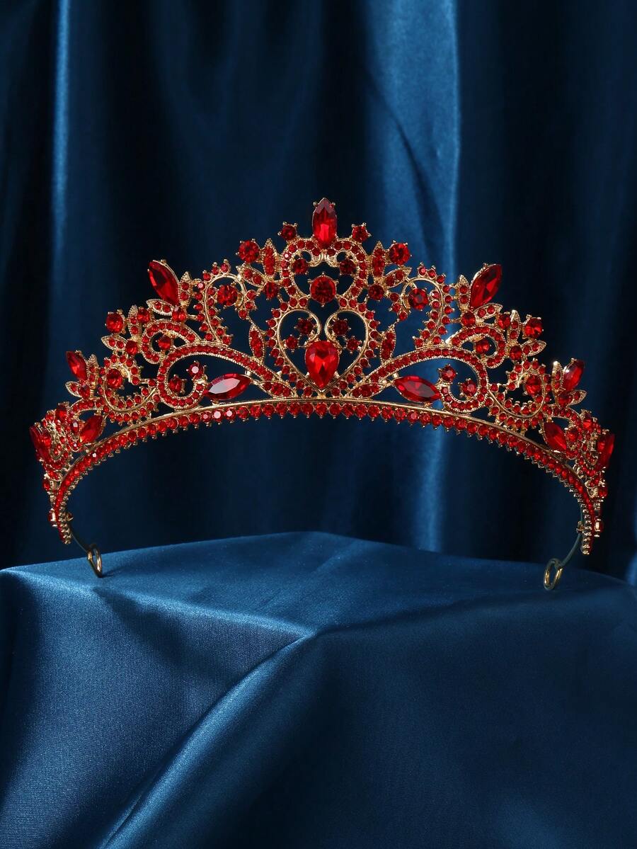 Women's Double Heart Crystal Queen Crown Princess Crown With Comb, Royal Heart Crown, Suitable For Wedding, Christmas, Valentine's Day, Birthday, Party, Prom, Anniversary - Red - View 1